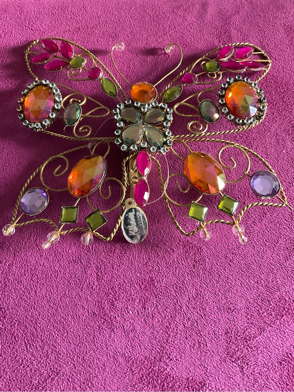 Katherine's Collection Pink,Orange & Green Jeweled Butterfly Clip Ornament 6x5”